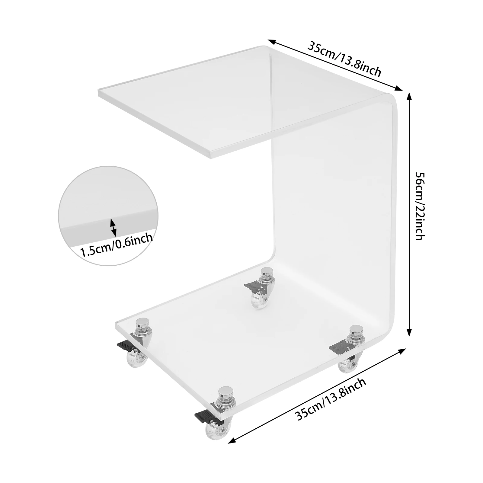 

Acrylic End Table Couch/Bedside Side Table C-Shaped Clear Side Table with 4 Wheels for Books, Drinks, Snacks