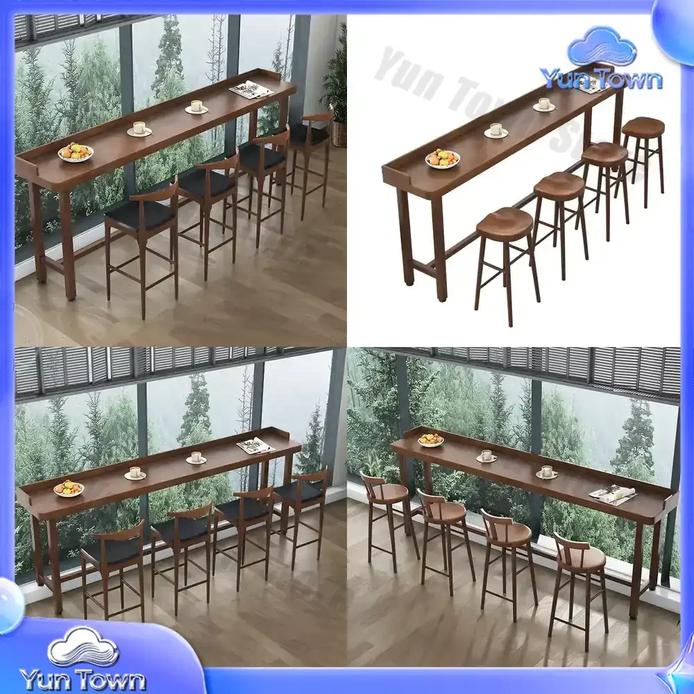 Modern solid wood high and low leg bar table, durable waterproof surface, suitable for family dining, including chairs,