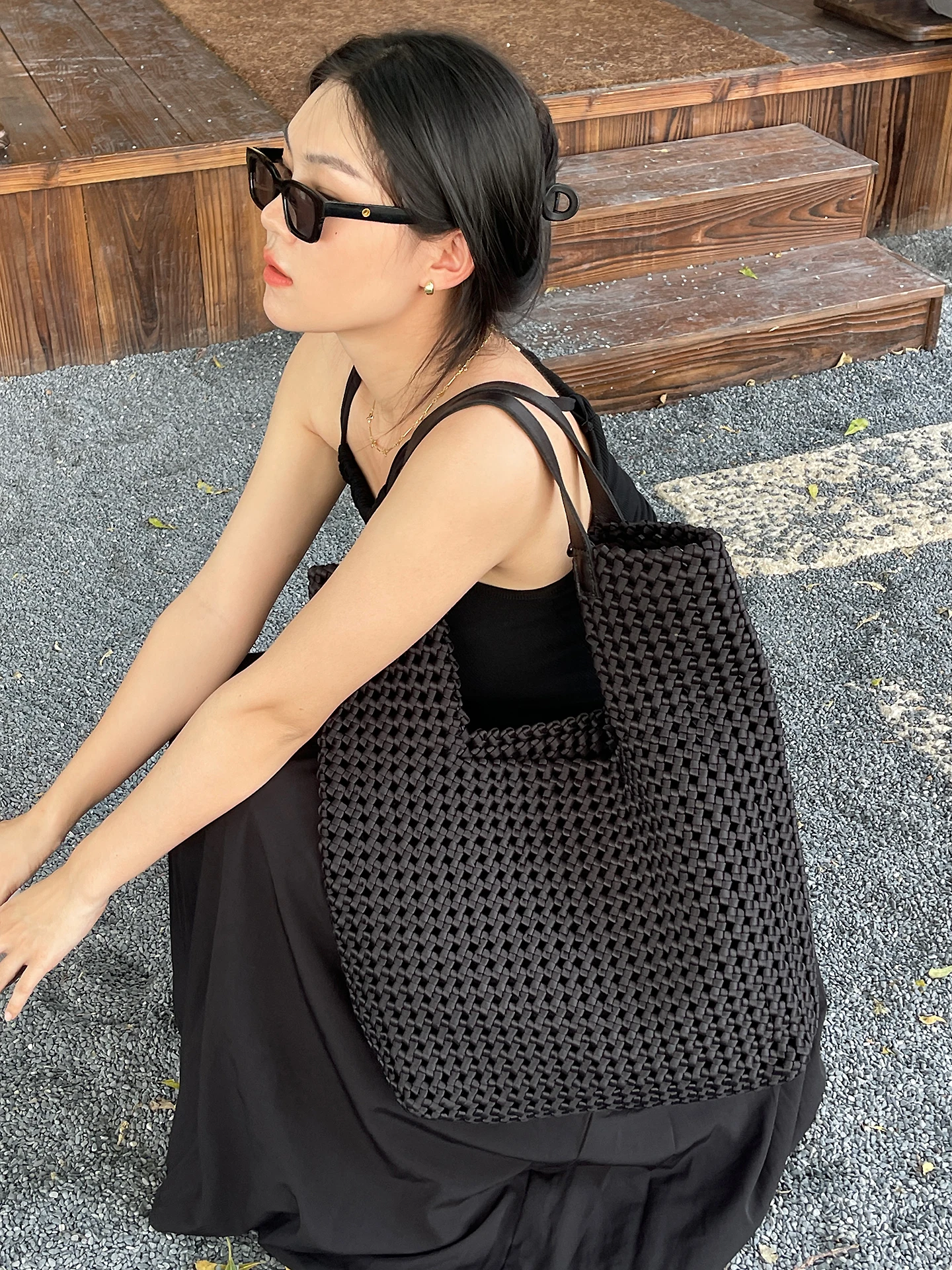 

Waed Denim Hollow Weave Tote Bag Top Layer Cowhide Underarm Summer Vaion Large Capaci Beach Bag Korean Sle Casual Si...