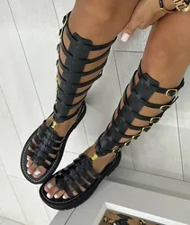 Carpaton Summer Open Toe Knee High Boots Black Leather Buckle Strap Flat Sandal Boots Long Shoes Brown Gladiator Shoes