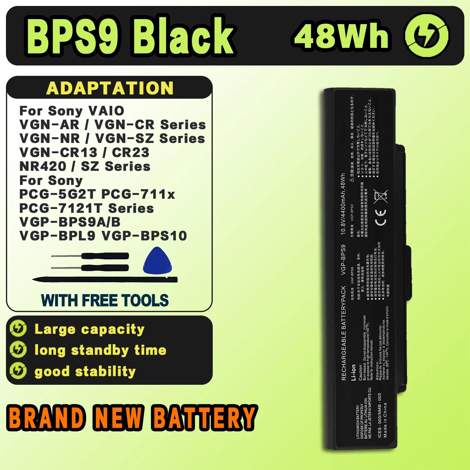 SAT BPS9 Black New Laptop Batteries Replacement For SONY VGN-AR53DB CR13 CR23 NR420 SZ VGP-BPS9B PCG-5G2T 7121T 11.1V-48Wh