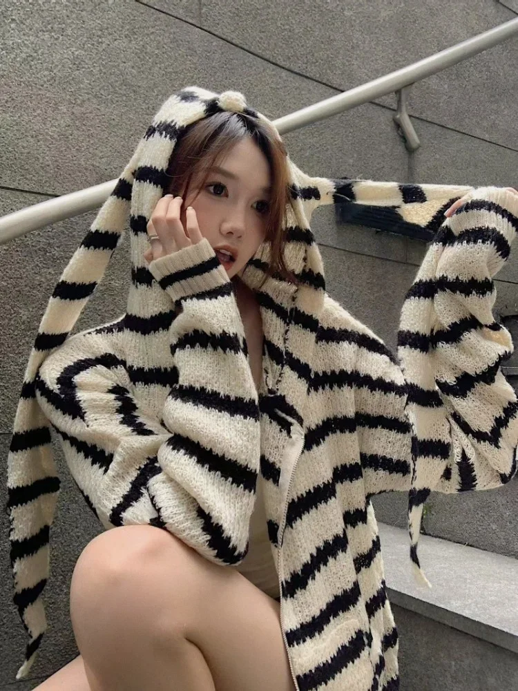 Women Vintage Loose Striped Caridgan Coat Fashion Y2k Aesthetic Hooded All Match Jackets New Oversized Japanese Pocket Kardigan