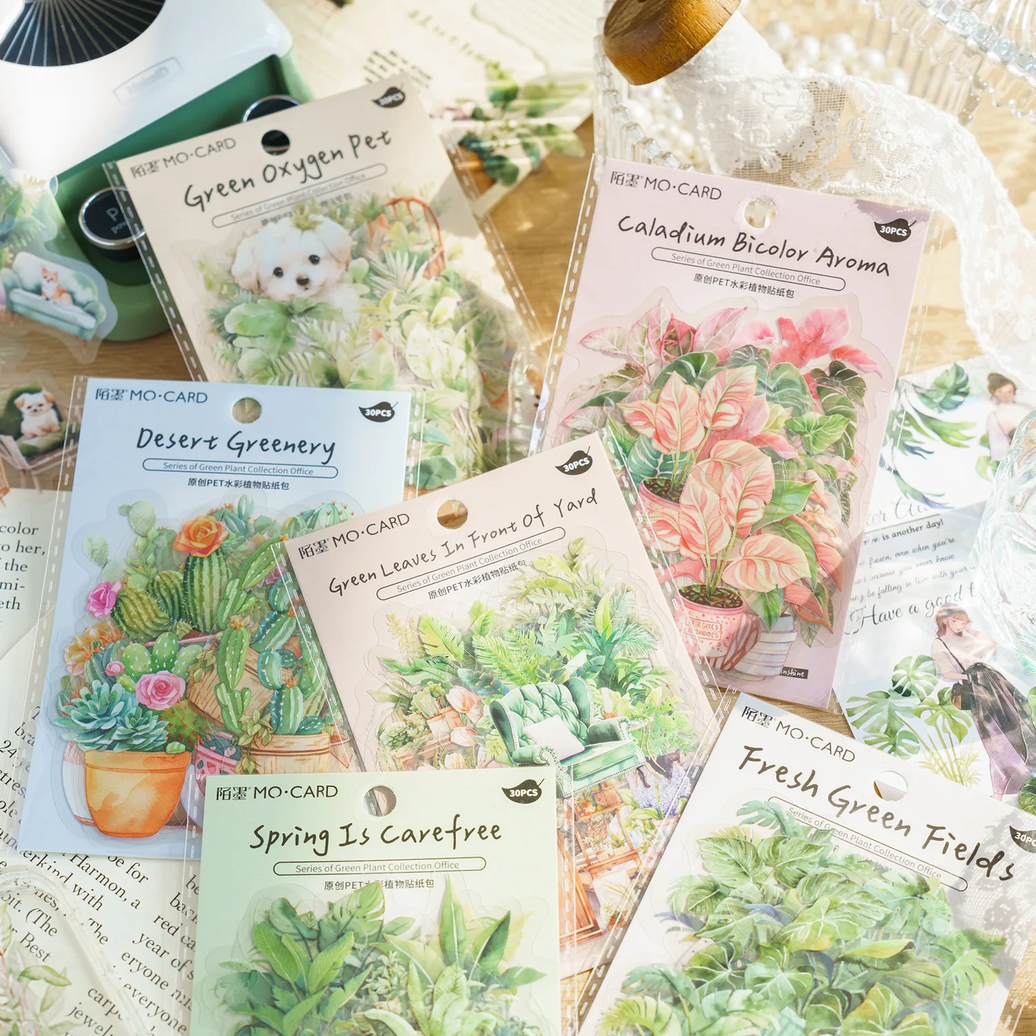 30Pcs Green Watercolor Plant Collection House Decorative Sticker Collage Scrapbooking Label Diy Diary Album Journal Planner