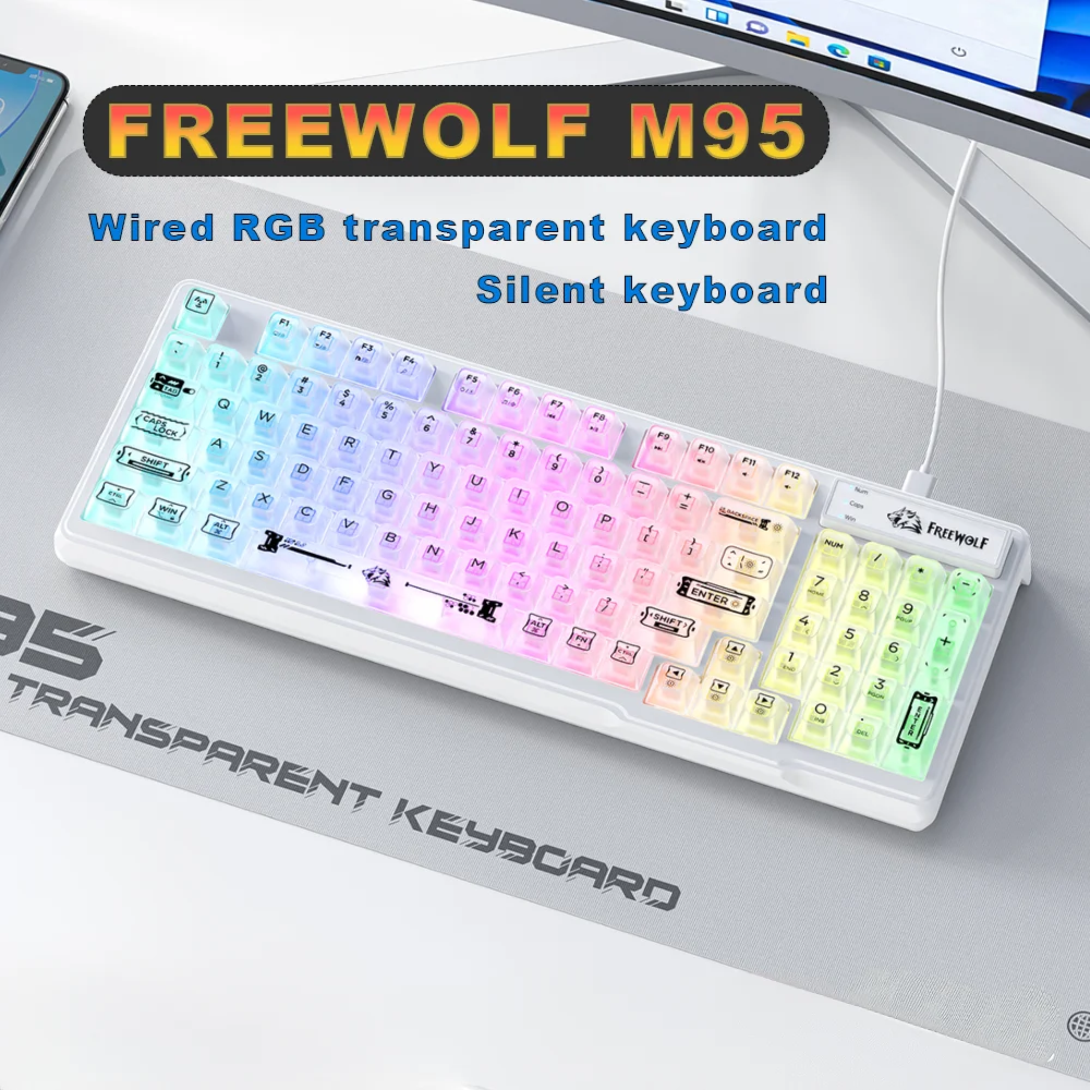 FREEWOLF M95 Silent Gaming Keyboard Wired Transparent RGB Lighting Membrane Keyboard Compact Ergonomic for Gaming Laptop Pc