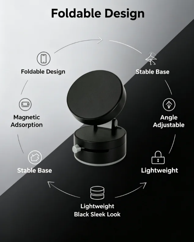 Magnetic Foldable Phone Stand, 360° Adjustable Portable Cell Phone Holder Stable Base for Desk Bedside Travel Fits All Smartphones