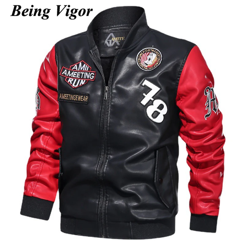 

Being Vigor Embroidery Patchwork Faux Leather Mens PU Jacket Winter Fur Lined Motorcycle Bike Leather Jacket Motor Outercoat