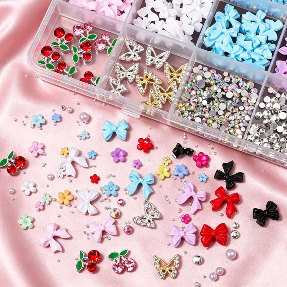 1Box Cute 3D Bow & Flower Nail Charms Cherry Rhinestones & Butterfly Nail Ornaments Macaron Color Floral for Manicure & Daily  *