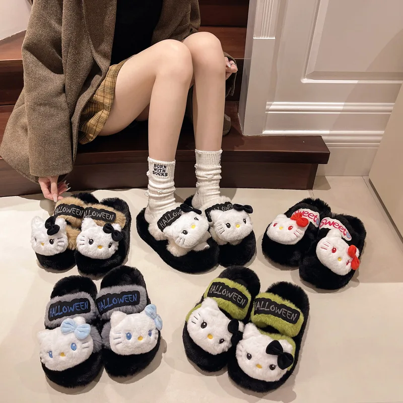 Sanrio Plush Slippers Hello Kitty Home Thick Bottom Slippers Cartoon Student Dormitory Cotton Slippers In Autumn And Winter Gift