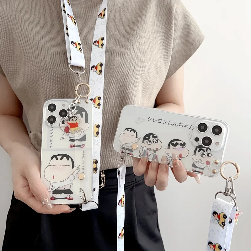 

3D Anime Cute Cartoon Crayon Shin-chan Holder Wrist strap lanyard Phone Case For iPhone 11 12 13 14 15 16 17 Pro Max Plus Cover