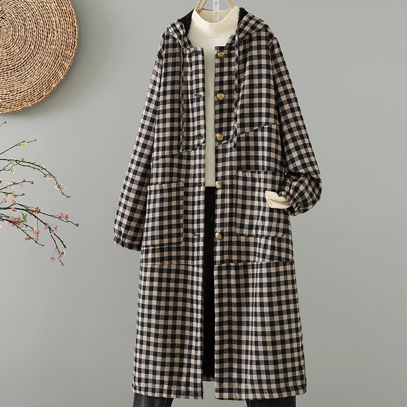 Thickened Flannel Hooded Coat Women's Large Size Loose Mid-Length Knee-Over Coat Retro Plaid Patterned Outerwear for plus Size