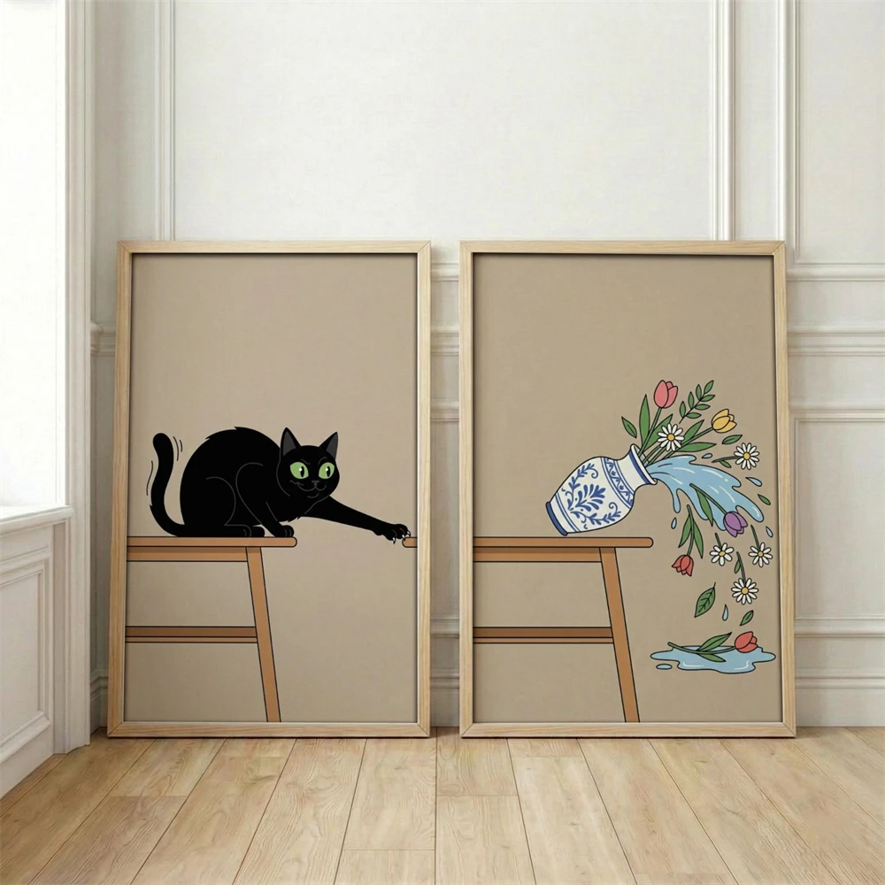 2 PCS Funny Black Cat Prints Cat Knocking Over Vase Poster Humorous Pet Art Canvas Painting Minimalist Wall Decor