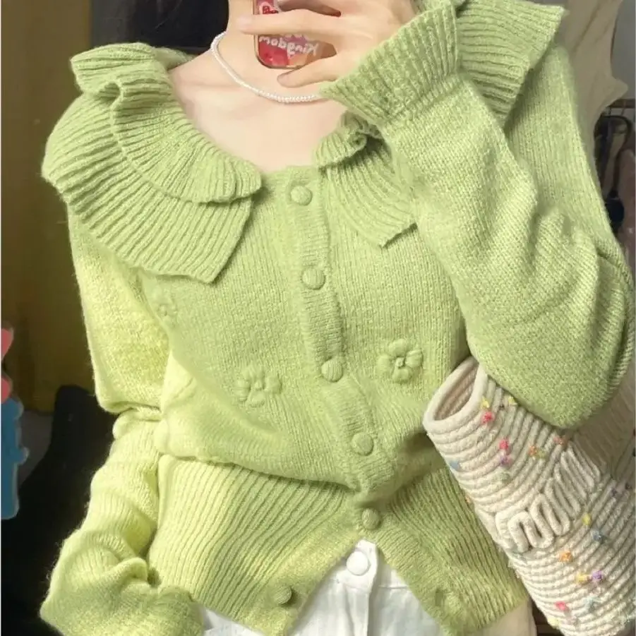 

Ruffle Women Cardigan Sweater Green Slim Fashion Chic Office Ladies Solid Color Slightly Elastic Casual Women Top