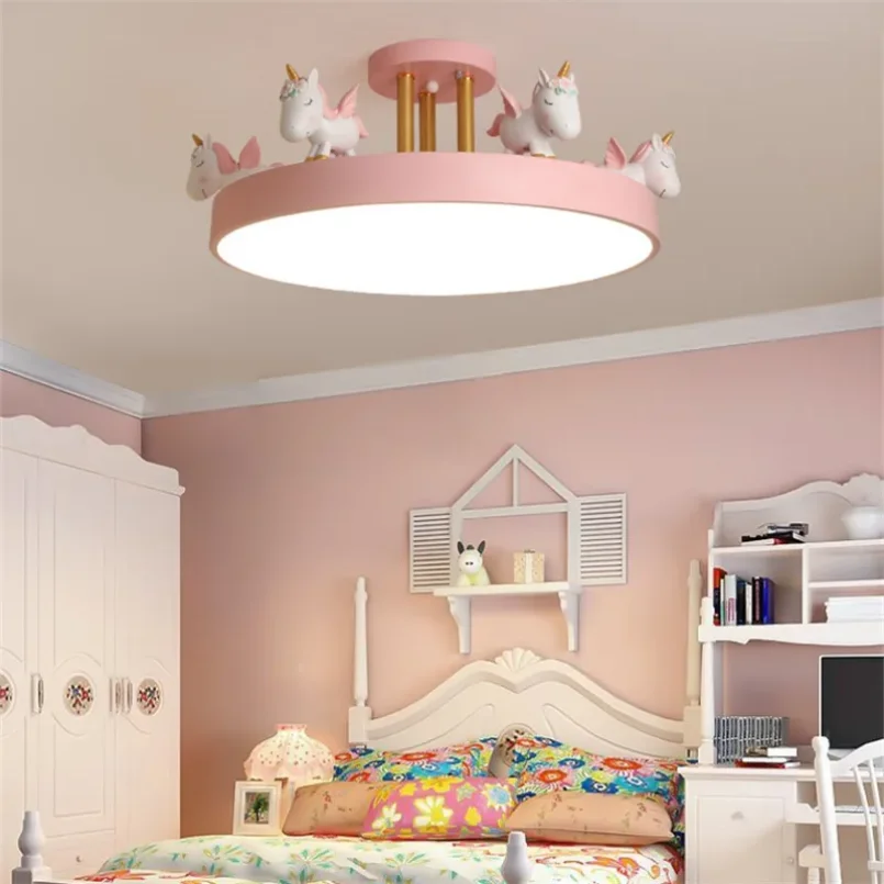 Modern Led Unicorn Ceiling Mounted Light for Children Kids Girls Pink Decoration Lamp Horse Remote Control Dimmable Home Bedroom