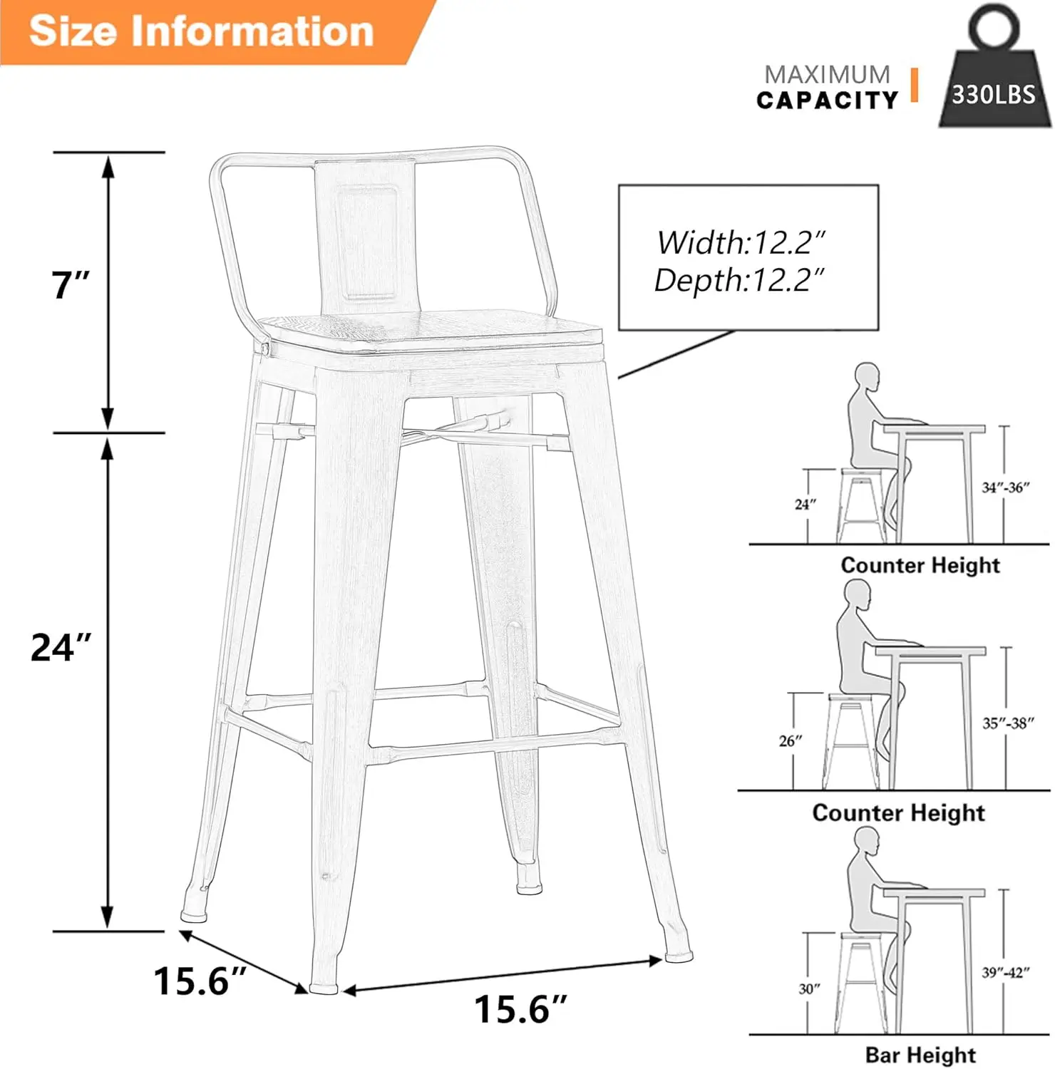 24" Metal Barstools Set of 4 Counter Bar Stools with Wood Top Low Back Matte Black