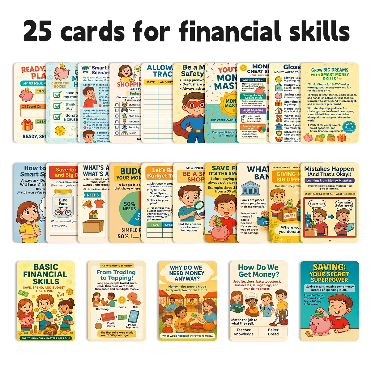 Cartes de compétences de base d'alphabétisation financière, 25 pièces, avec activités d'économie/déchirure/budget, cartes d'outils éducatifs amusantes pour l'autorisation, les économies