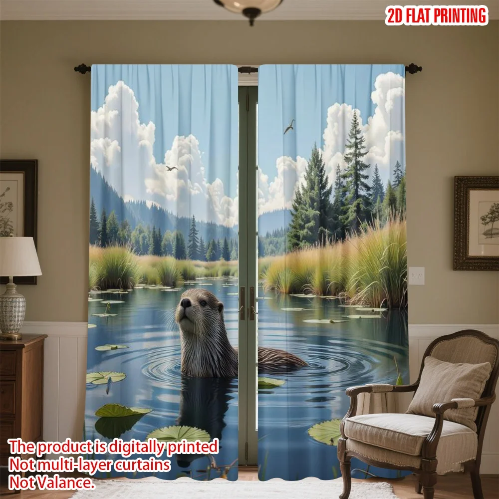 

2D flat printing 2pcs Scene Curtains Otter in Peaceful Pond Digital Printed Polyester Drapes Festive Curtains Use for Holiday