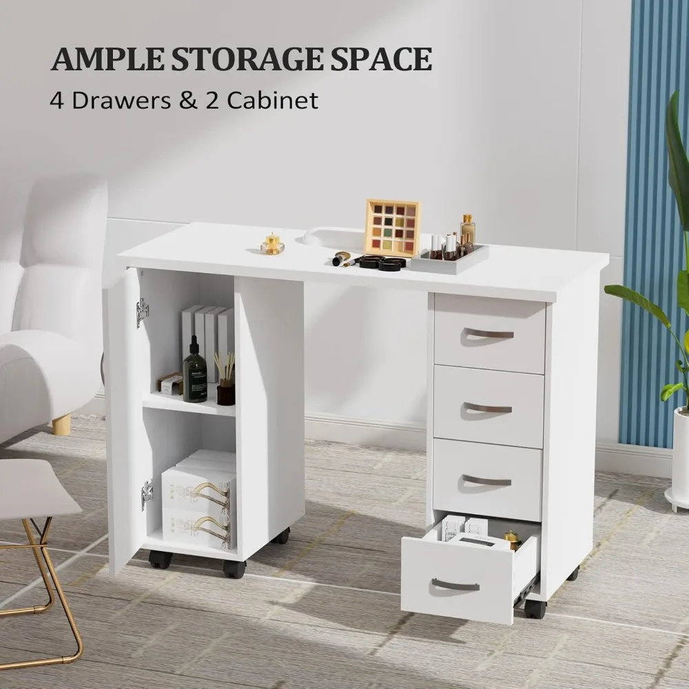 طاولة مانيكير، مكتب أظافر مع خزانة، أدراج، مسند للعجلات والذراع، محطة عمل فني خشبية لصالونات السبا والمنزل