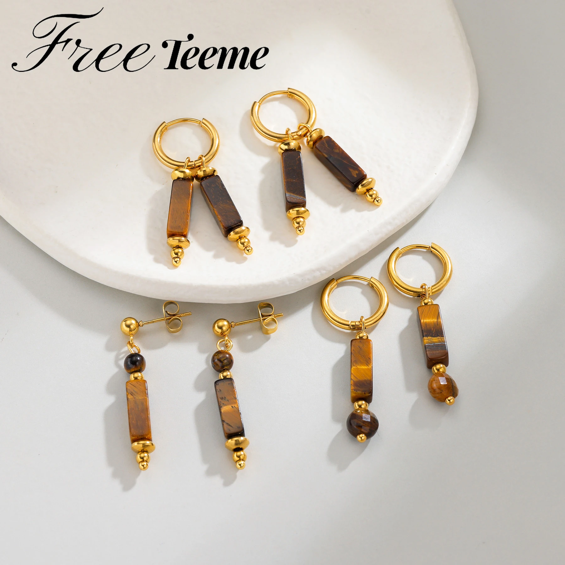 Freeteeme High-End Maillard Color Series Column Earrings for Women Stainless Steel Ear Clip Birthday Jewelry Autumn Party Gifts