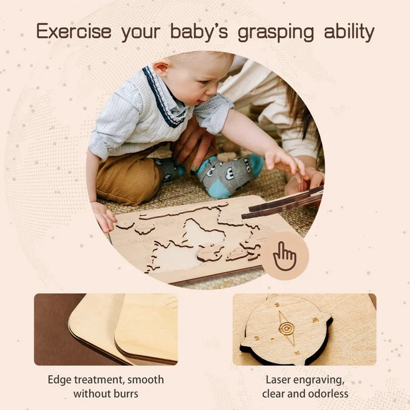 Baby Wooden World Map Toy Montessori Shape Cognition Puzzle Toy for Kids Pacific Plate Learning Country Location Education Game