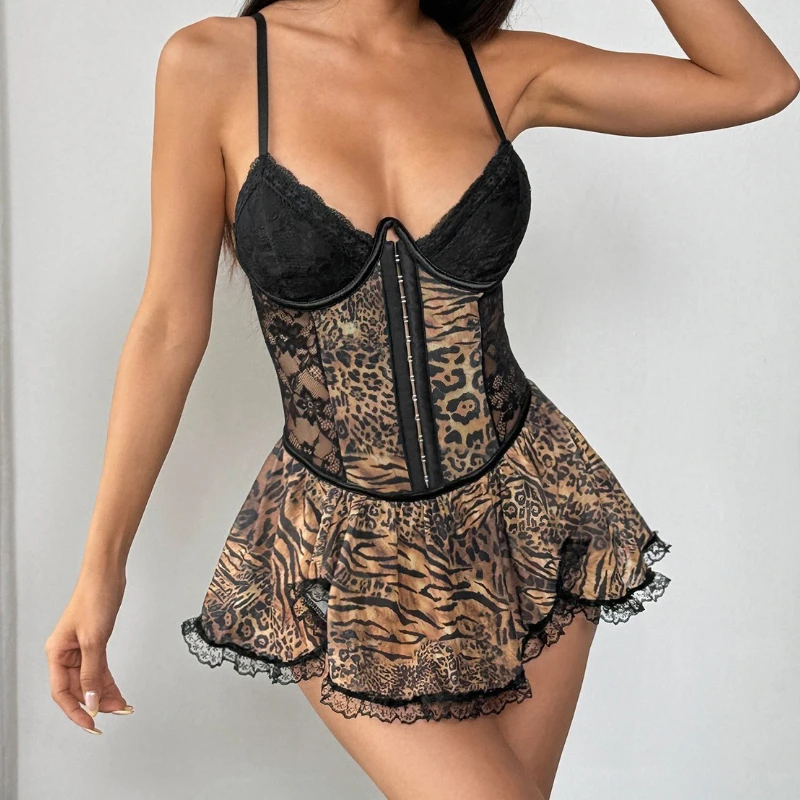 Abito con canottiera con stampa leopardata Abito da donna sexy patchwork con orlo in pizzo senza schienale Vacanze di compleanno Midnight Clubwear Y2K Aderente