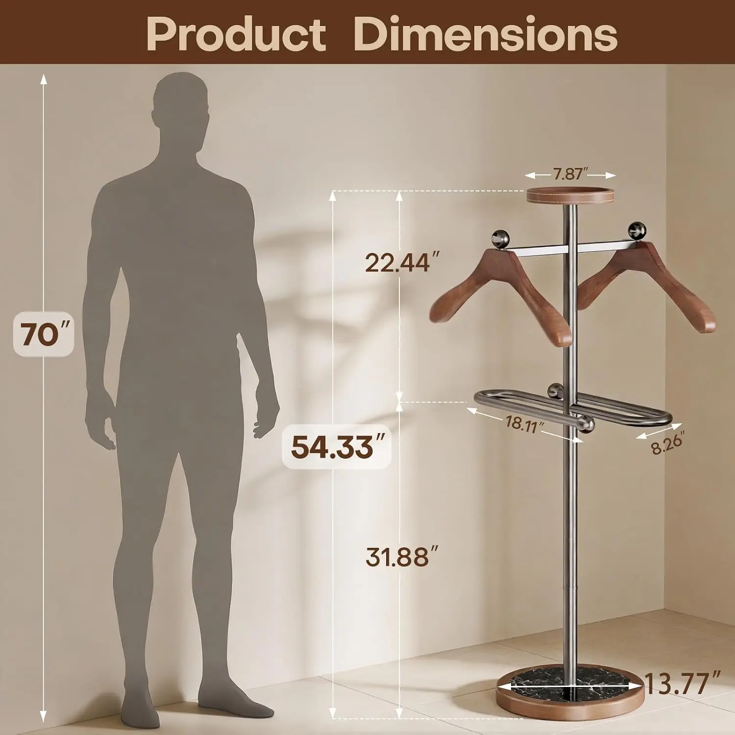 Freestanding Men's Suit Valet Stand with Tray & 2 Wooden Hangers, Natural Marble Base Sturdy Stainless Steel Frame, Wrinkle-Free Garment Organizer for Office Entryway view 2