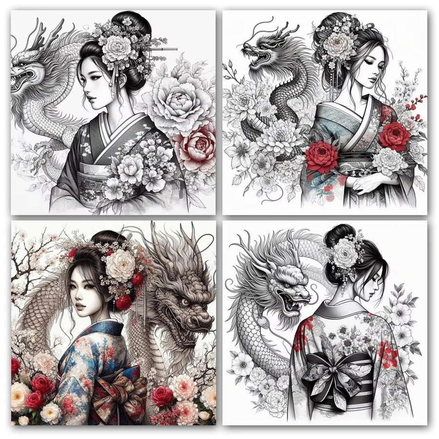 

Diy Diamond Painting New Japanese Geisha Dragon And Woman Full Mosaic Embroidery Rhinestone Picture Jewelry Cross Stitch Kits