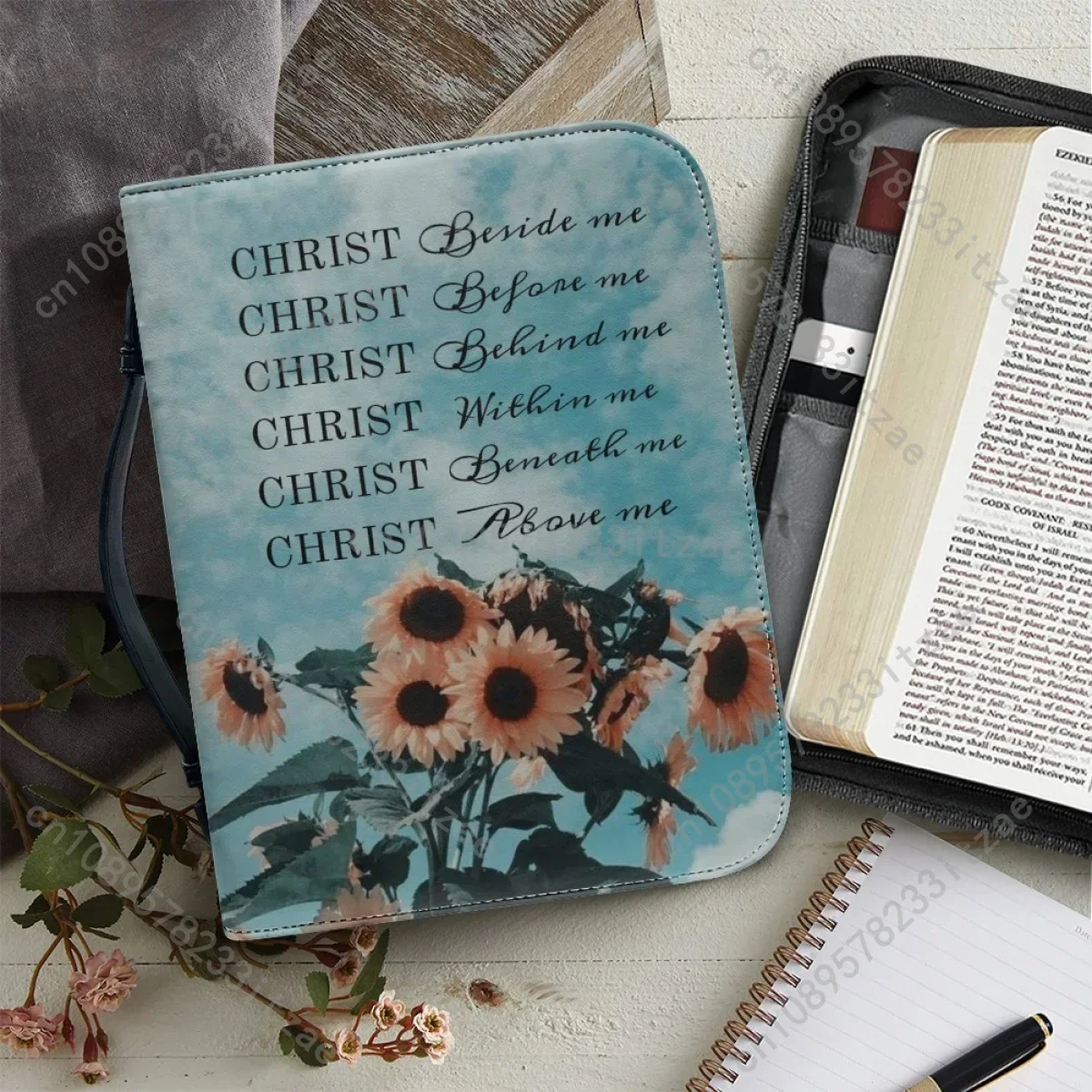 Women's Bible Cover Case Bible Hymn Print Leather Zippered Handle Bible Storage Bags Practical Portable Handbags Paquete Bíblico
