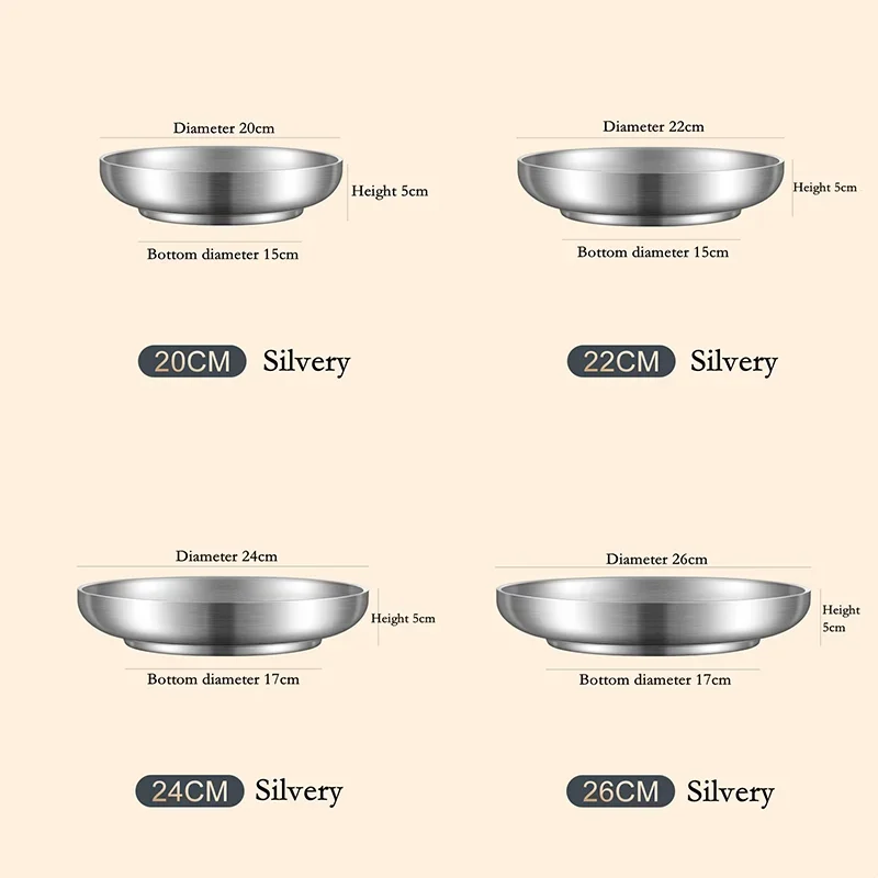 304 Stainless Steel Dishes Plate,Thickened Double-Layer Circular Steak Dish,Dessert Fruit Plate,Restaurant, Camping, Dining Tray