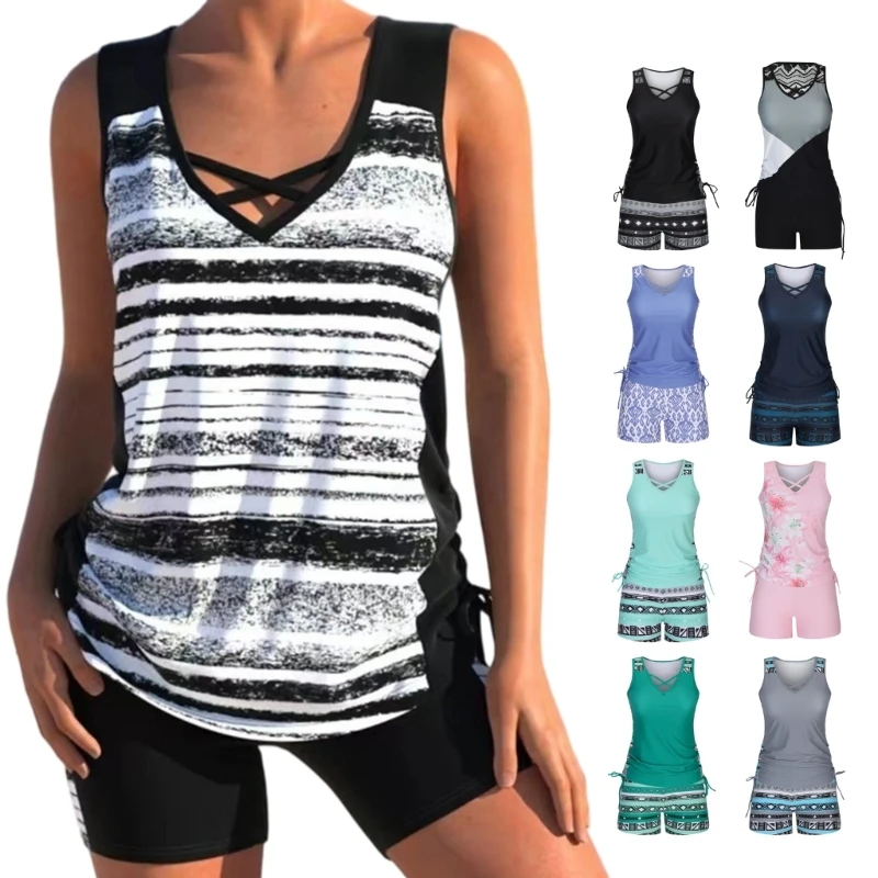 Women's Tankini Bathing Suit Set V Neck Front Detail Top with Boyshort Bottoms Two Piece Beach Pool Wear for Holiday Use 24BD