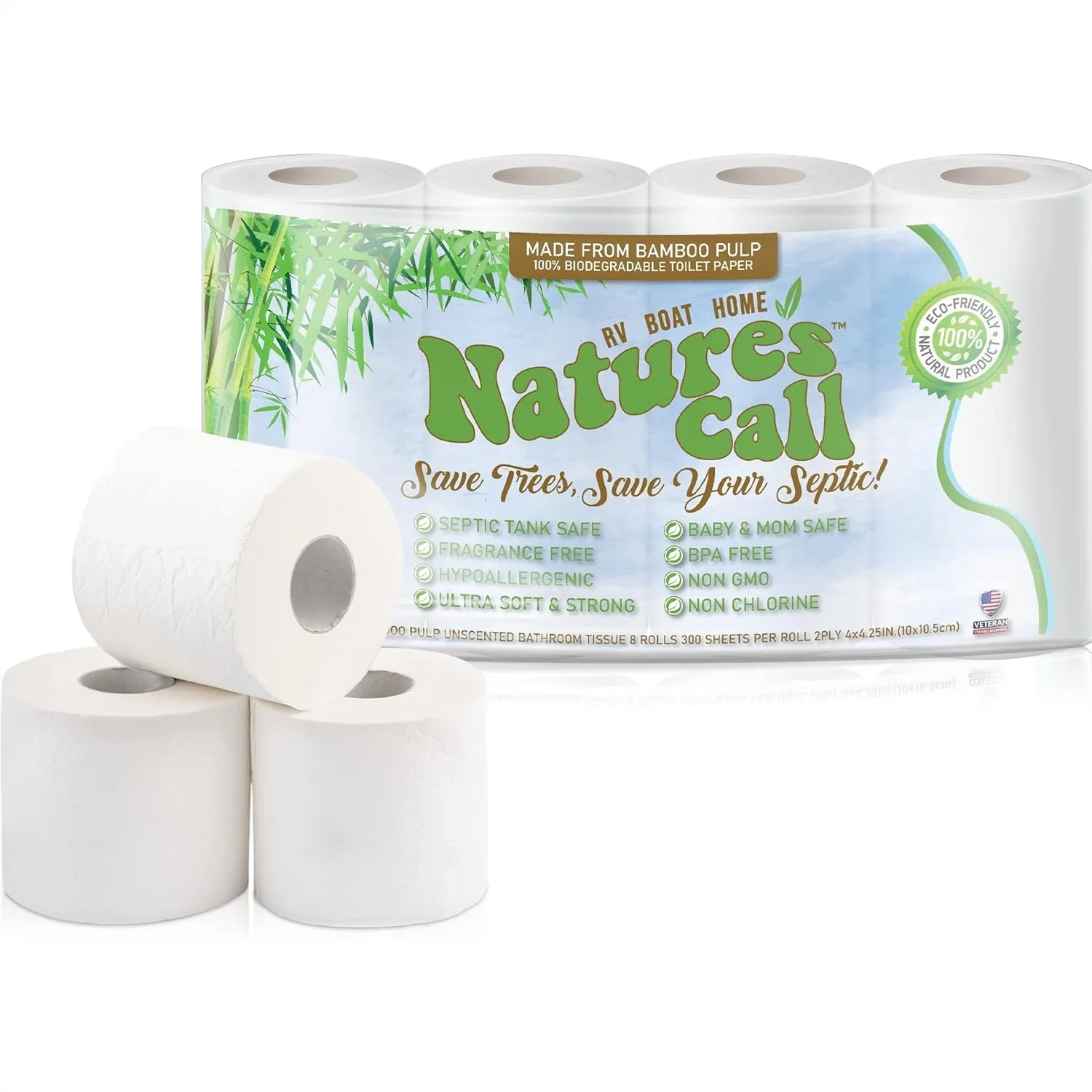 

100% Bamboo Toilet Paper for RV, Boat, Home - 2-Ply Soft Strong Quick Dissolve Camping Travel Toilet Tissue 8 Rolls