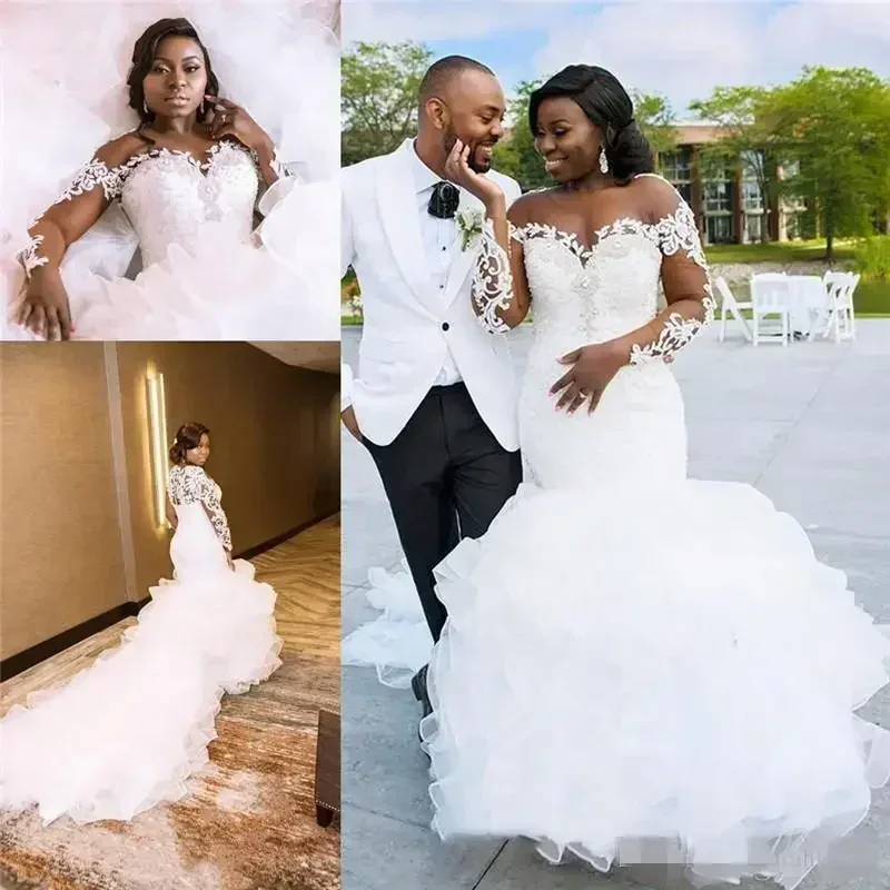 Customized African Mermaid Dresses Long Sleeves Cathedral Train Tiered Organza Lace Applique Jewel Neck Plus Size Wedding Gown