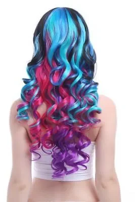 Lolita peruca de cabelo ondulado multicolor para mulheres, azul e rosa, arco-íris, cosplay, harajuku, franja encaracolada