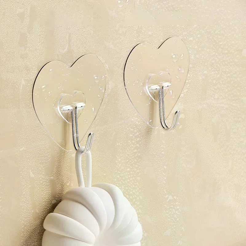 Heart Shape Transparent Hooks Non Punching Plastic Love Hangers Holder Self Adhesive Key Towel Multi-Purpose Hooks Storage Rack