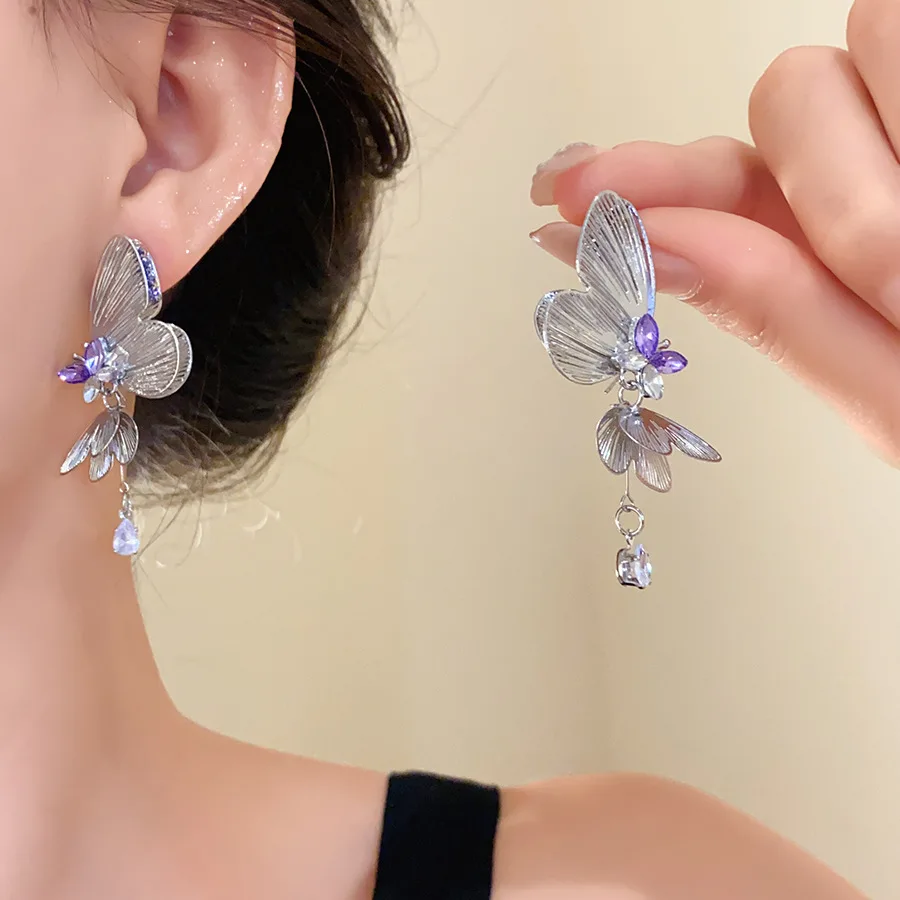 Silver Color Hollow Butterfly Pendant Earrings for Women Purple Zircon Tassel Pendant Earring Party Jewelry Birthday Gifts M1