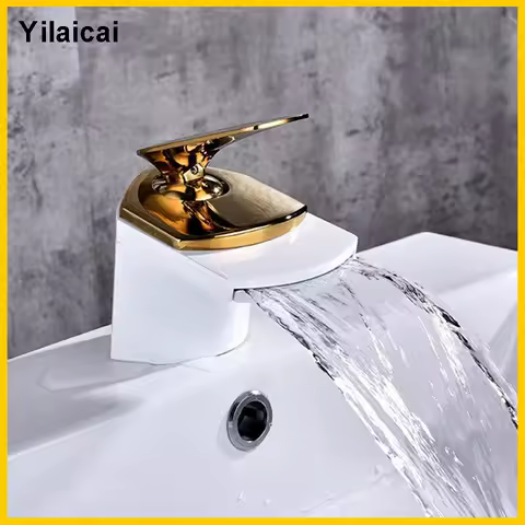 Bathroom Faucets Brass White Gold Waterfall basin faucet Hot And Cold Wash Basin Sink Mixer Single Hole Deck Mounted Water Taps