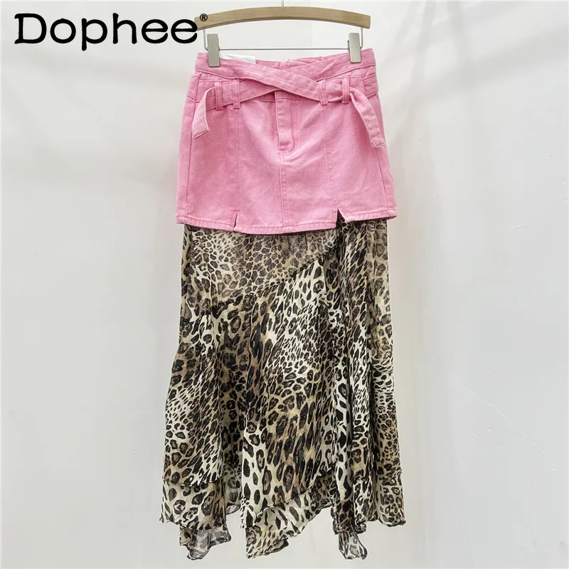 French Temperament Leopard Print Mesh Stitching Design Skirt Women's High-end Cross-strap Long Skirt 2025 Spring New