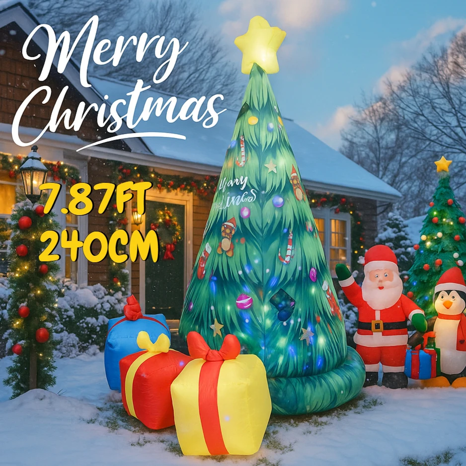 Scatole regalo per albero di Natale giocattolo gonfiabile da 7,87 piedi con luci a LED Decorazioni natalizie Ornamenti Regali Decorazioni da giardino