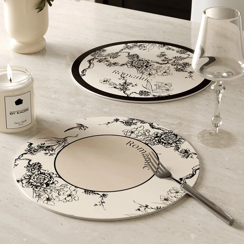 Round Leather Placemat for Coaster,Black and White,Floral Table for Glasses,Tea and Coffee Dishes,Light and Luxury