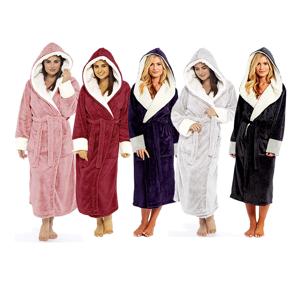 Women Bathrobe Lengthened Hooded Pajamas Shower Robe Sleepwear Ladies