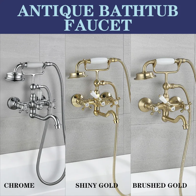 

Antique Wall Mounted Bathtub Faucet Shiny Gold Brass Body Hot Cold Adjustable Telephone Hand Shower with 180° Rotation Faucet