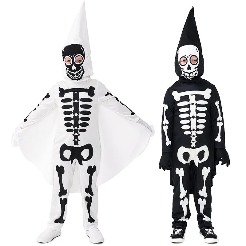 Unisex Scary Kids Halloween White Ghost Skeleton Costumes Children Death Azrael Cosplay Carnival Purim Role Playing Party Dress