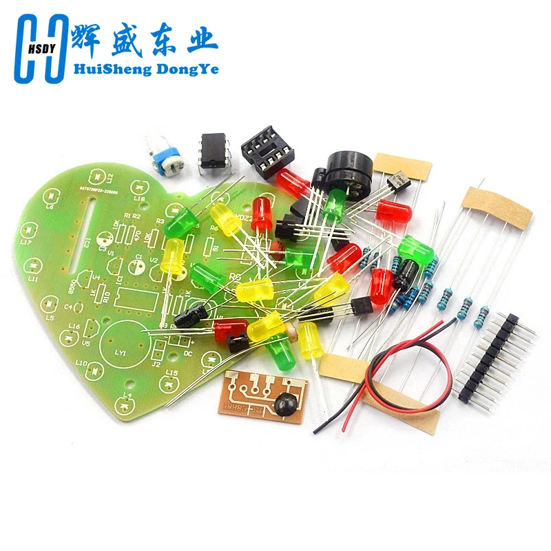 DIY Light-Controlled Music Heart-Shaped Color LED Electronic Kit 18 LED Cyclic Flashing PCB Soldering Practice Kit DC4.5-5V