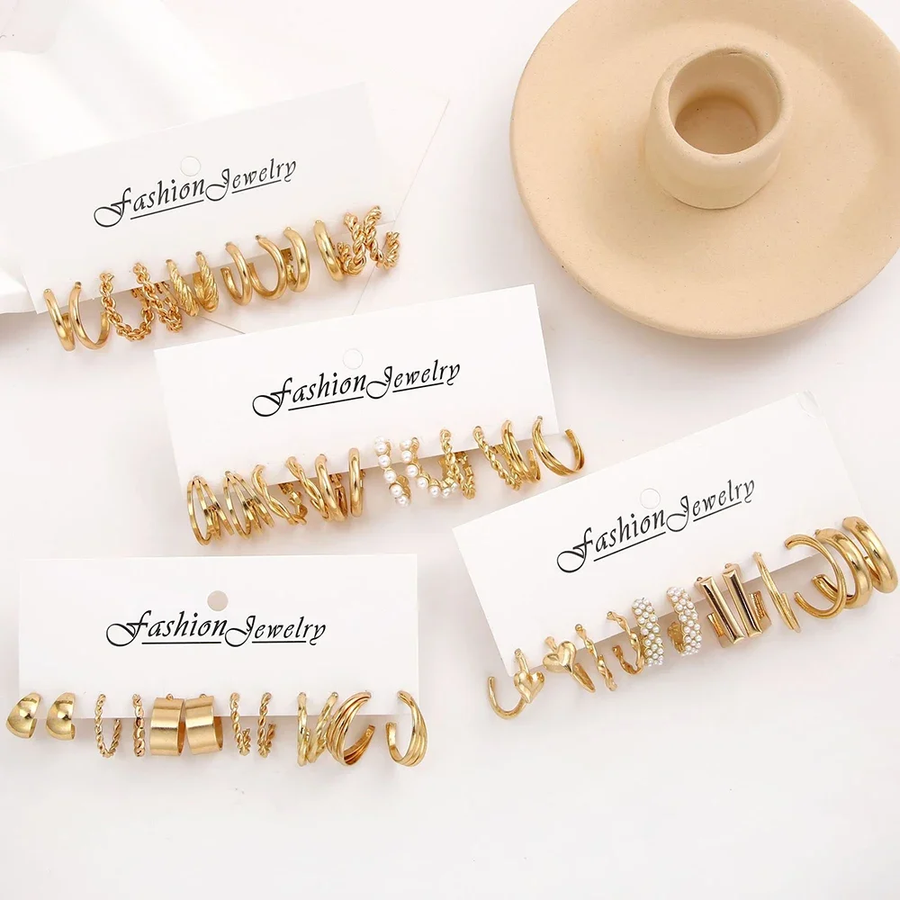 Boho Big Circle Hoop Earring Set for Women, Gold Color Bohemia Vintage Pearl Earring Heart Zircon Ear Studs Jewelry Gifts