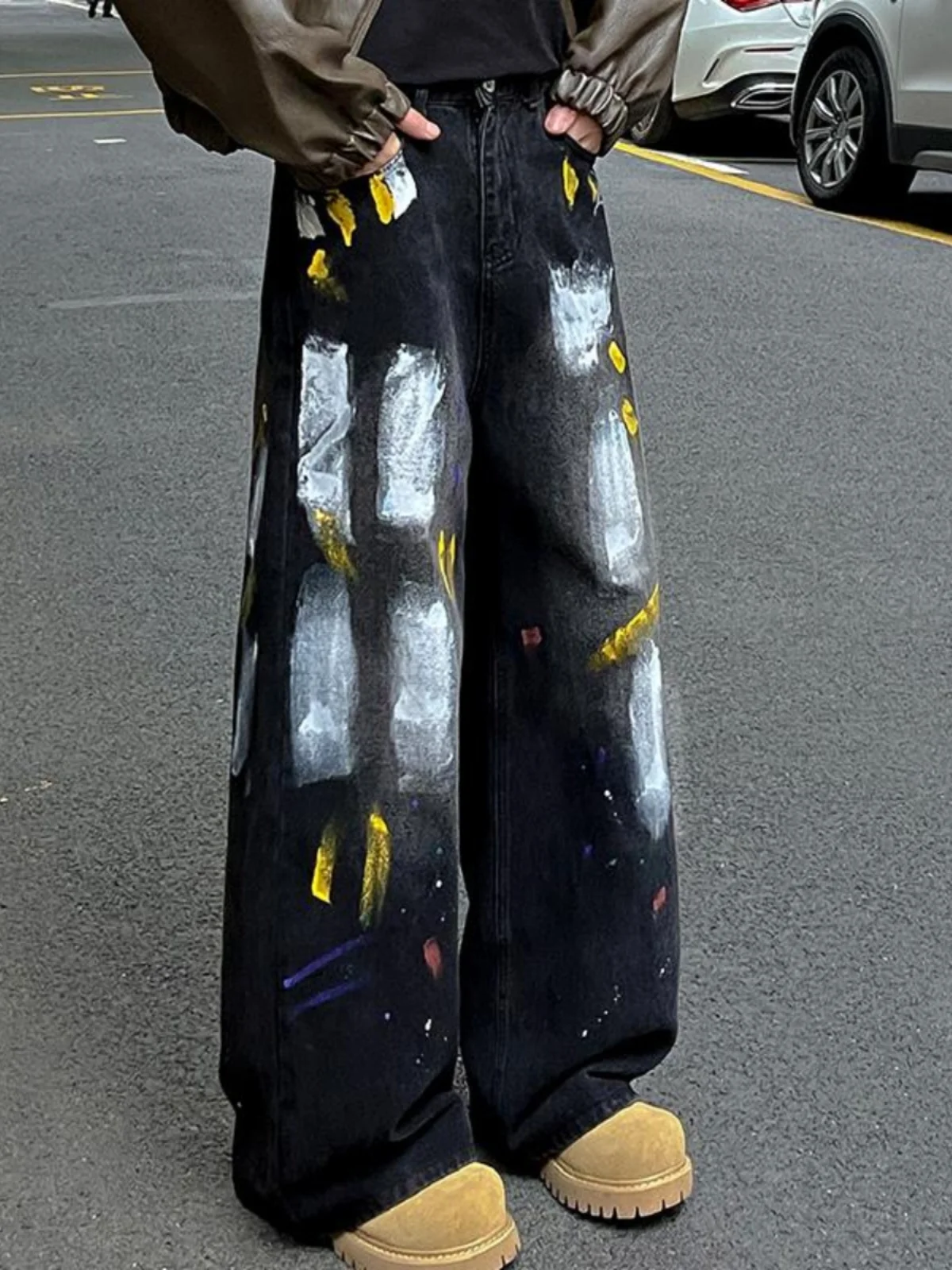 

Весенне-осенние мужские джинсы свободного прямого кроя с эффектом граффити и окрашивания, повседневные, модные, винтажные, в стиле High Street, молодежные, трендовые