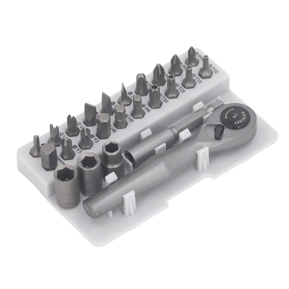 Silver 25 in 1 Portable Ratchet Screwdriver Tool Set Steel 12*8cm Durable Household Repair Combo Kit