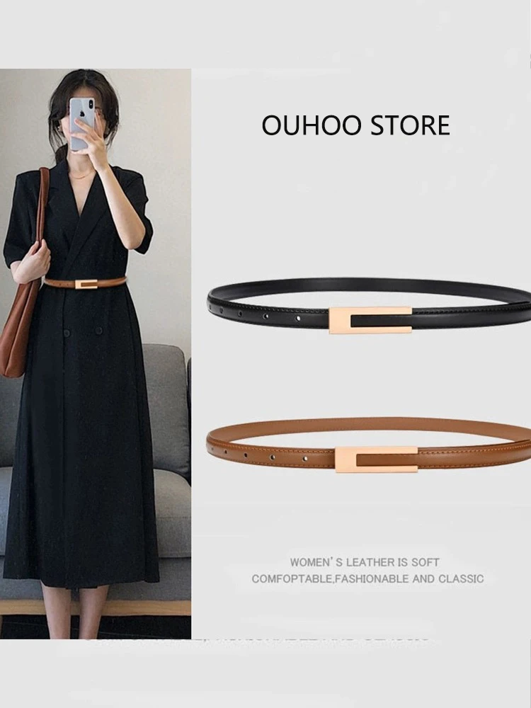 

Simple Genuine Leather Women Belt Vintage Female Thin Waistband Gold Metal Buckle Dress Coat Jeans Decor Waist Straps Cinturones