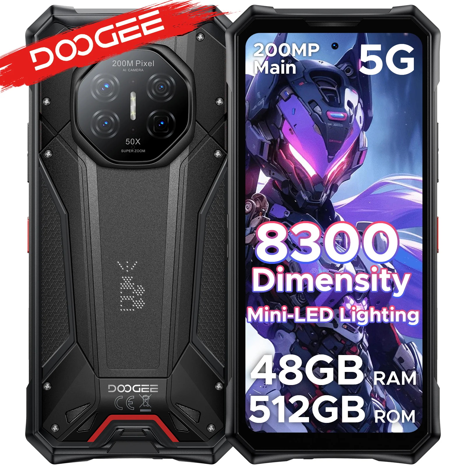 T�l�phone robuste DOOGEE S300 Pro 5G, �cran 6,78 pouces 120 Hz, processeur Dimensity 8300, appareil photo 200 MP, batterie 11000 mAh, 48 Go (16+32 Go), 512 Go, Android 16, NFC, compatible Google Play