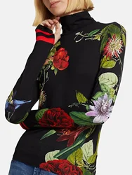 New 2025 T-Shirts Tops for Women Fashion Floral Printed Long Sleeves Loose Fit High Neck Casual Clothing Spring Autumn