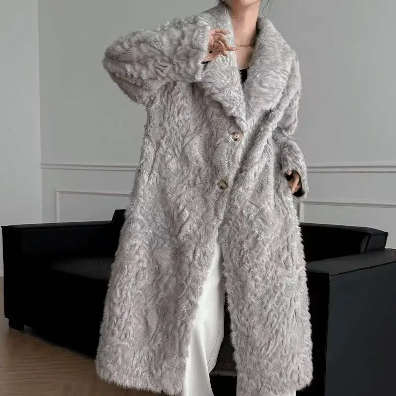 معطف نسائي شتاء 2025 جديد فضفاض بلون معطف فرو خروف فرو متكامل فضفاض دافئ بحيرة صغيرة الأغنام الركبة معطف طويل WLF #6