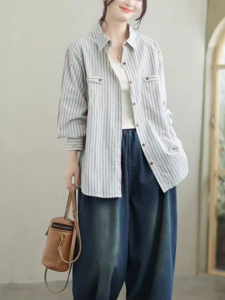 Lässiger, lockerer, gestreifter Baumwoll-Cardigan für Damen – Herbst-Oberteil mit schlankmachendem Effekt und offenem Schnitt